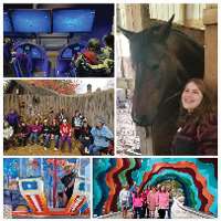 A collage of fun activities Curative Connections programs participated in. Photos include a flight simulator, visiting a farm in the fall, a young woman posing with a horse, and the light show at the Green Bay Botanical Gardens